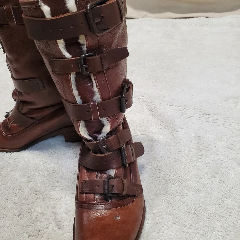 Brown Leather Australian Fur Fuzzy Buckle Tall Boots Women‎ 6 Boho Winter Cozy